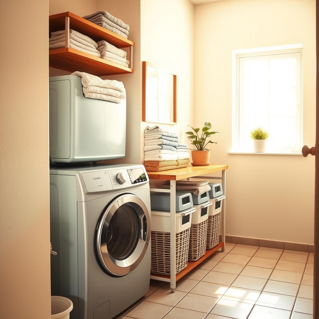 A cozy and well-organized laundry room with bright, natural lighting