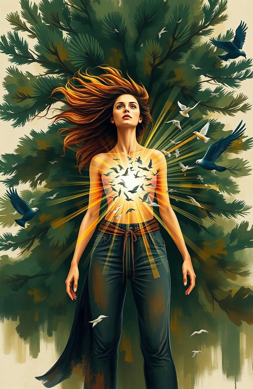 An abstract representation of a defiant woman standing boldly in front of a towering abstract pine tree