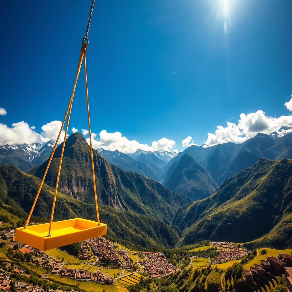 A breathtaking view of the Llactambo swing in the Peruvian Andes, showcasing the swing hanging high above lush green valleys