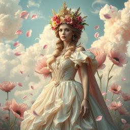 A surreal depiction of a queen figure adorned with a floral crown, exuding an enchanting and dreamlike aura