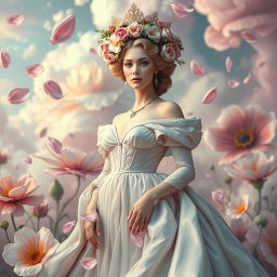 A surreal depiction of a queen figure adorned with a floral crown, exuding an enchanting and dreamlike aura