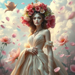 A surreal depiction of a queen figure adorned with a floral crown, exuding an enchanting and dreamlike aura