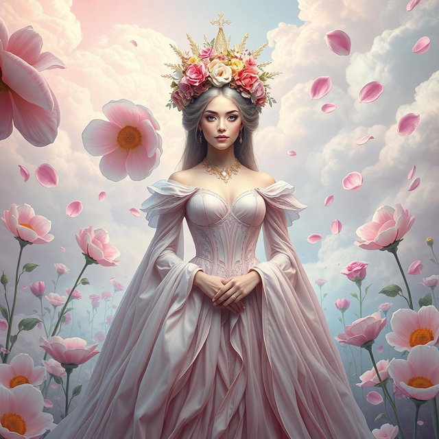 A surreal depiction of a queen figure adorned with a floral crown, exuding an enchanting and dreamlike aura