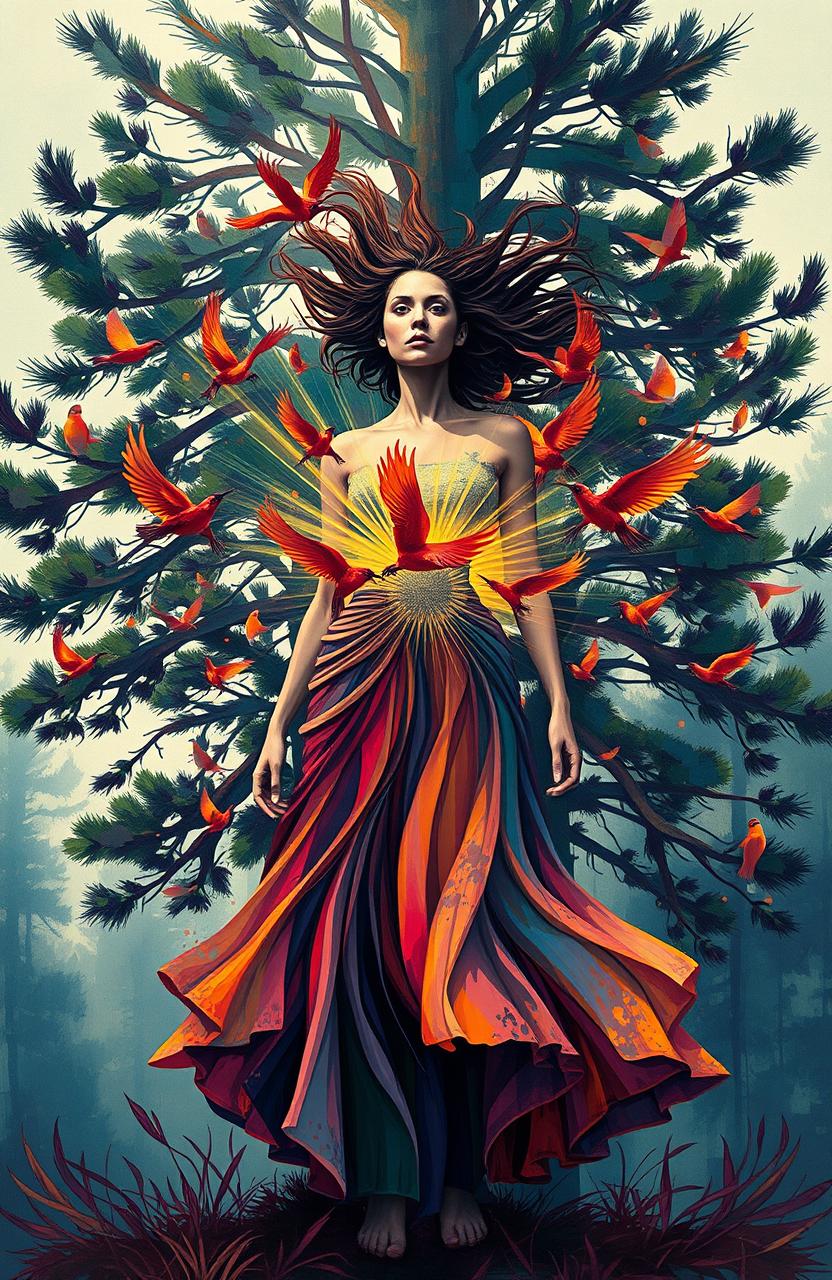 An abstract defiant woman with wild, flowing hair stands boldly in front of a towering abstract pine tree