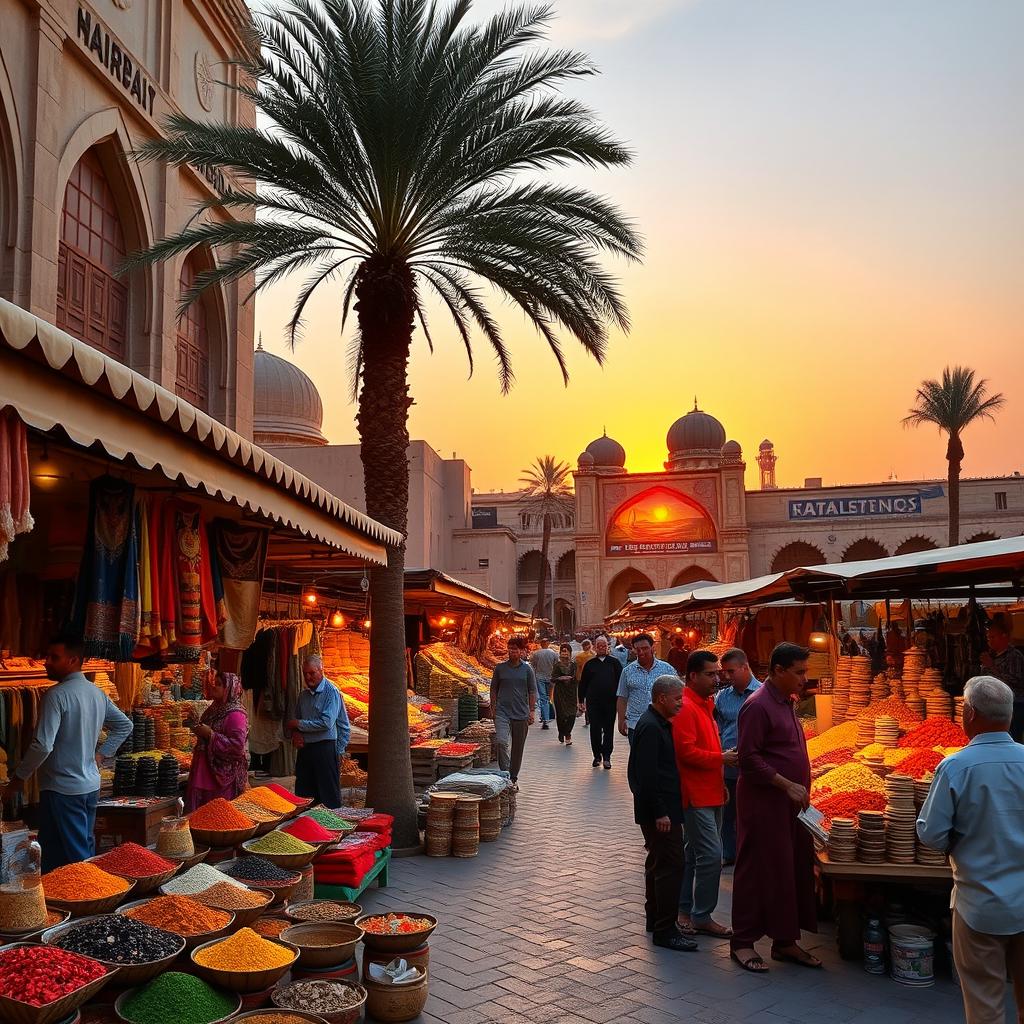 A serene landscape of a traditional Middle Eastern market at sunset, featuring vibrant stalls filled with colorful spices, textiles, and pottery