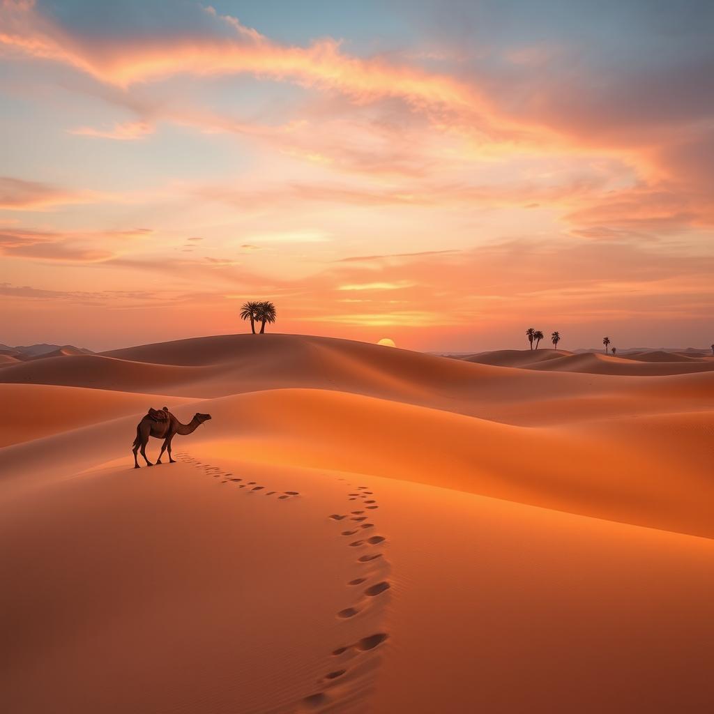 A calming desert landscape at dusk, showcasing rolling sand dunes illuminated by a soft golden glow