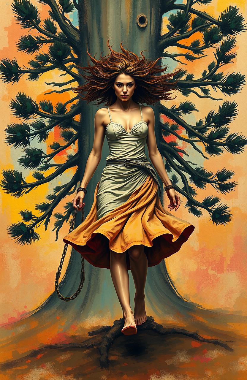 An abstract representation of a defiant woman in a flowing skirt, confidently stepping away from a towering abstract pine tree