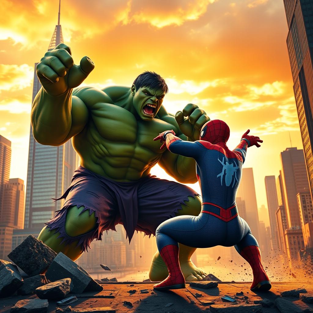 A dynamic and epic scene of Spider-Man and the Hulk facing each other in a dramatic showdown