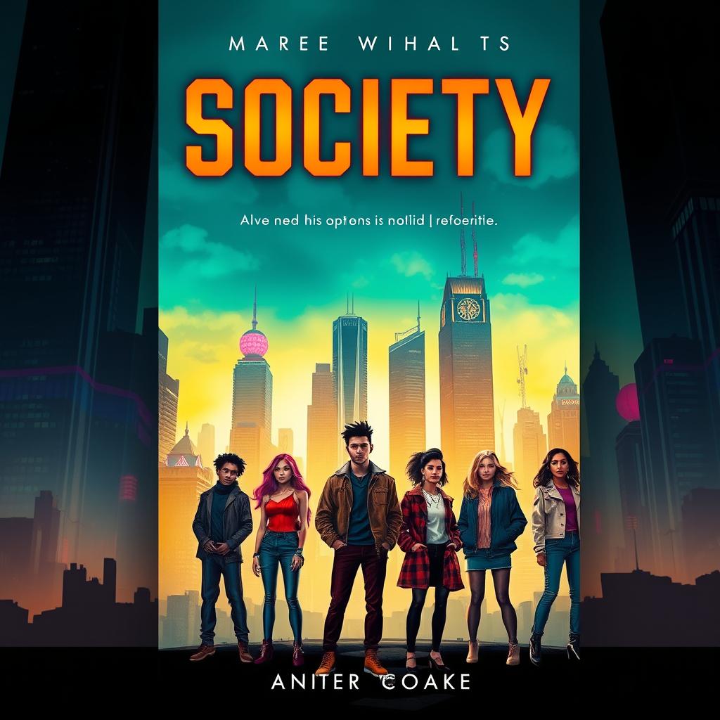 A captivating book cover design for a fictional novel titled 'Society', featuring a dystopian urban landscape with towering skyscrapers and a neon-lit skyline