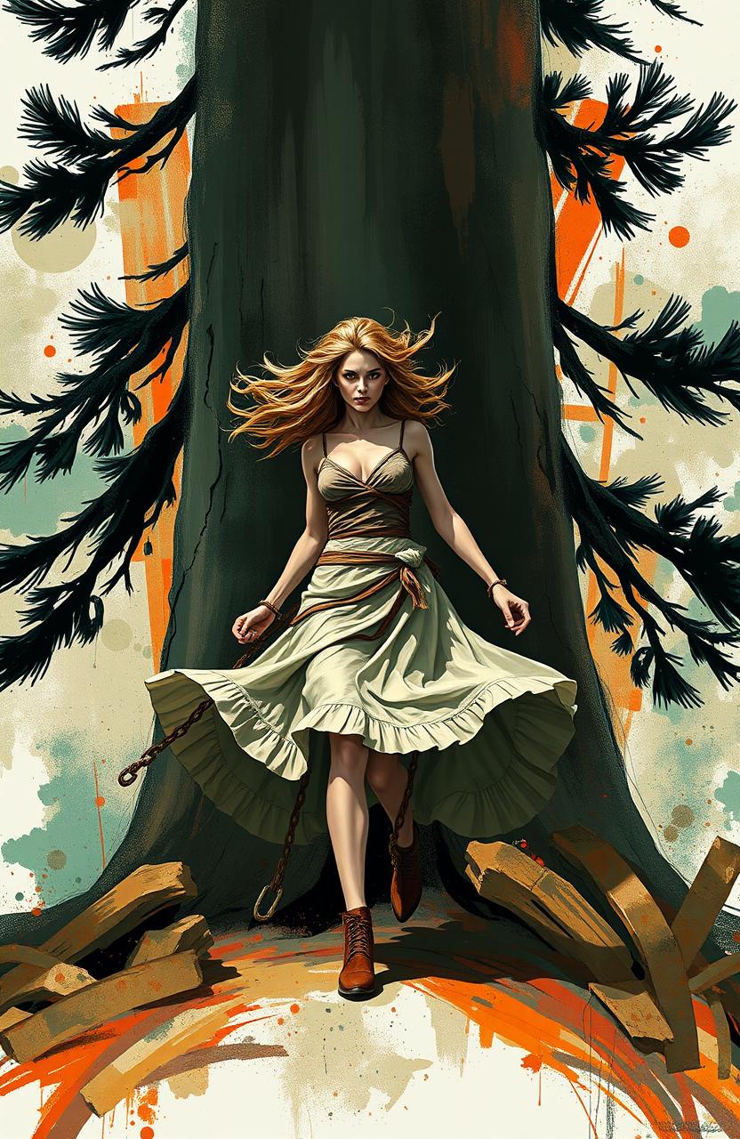An abstract representation of a strong and defiant woman confidently stepping away from a large, abstract towering pine tree