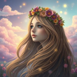 A surreal depiction of a girl with long flowing hair adorned with a floral crown