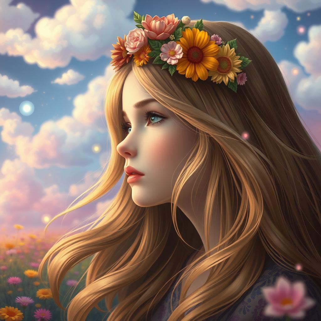 A surreal depiction of a girl with long flowing hair adorned with a floral crown