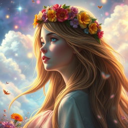 A surreal depiction of a girl with long flowing hair adorned with a floral crown