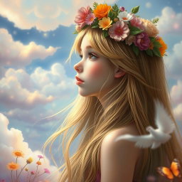 A surreal depiction of a girl with long flowing hair adorned with a floral crown