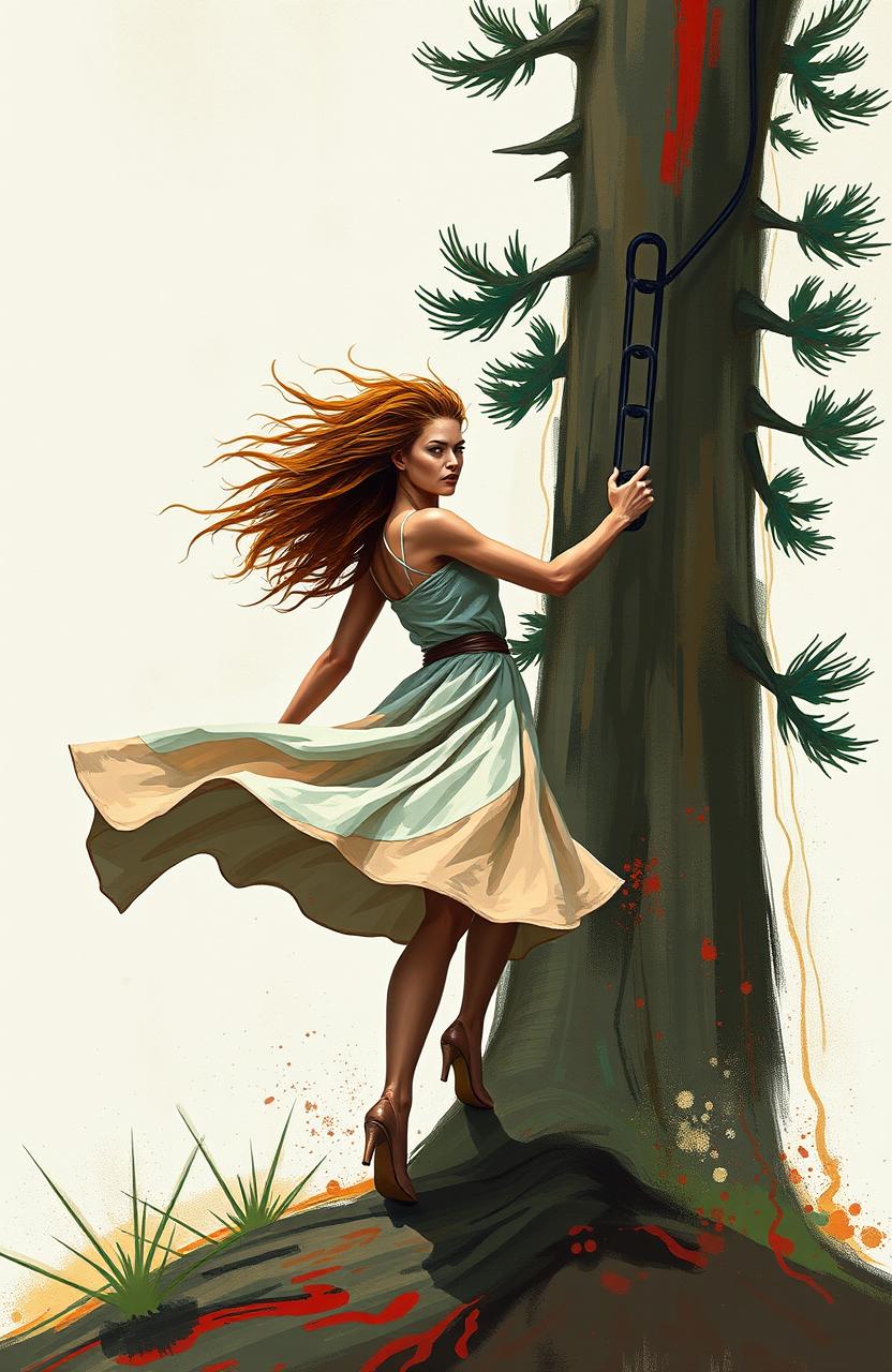 An abstract depiction of a defiant woman stepping confidently away from a towering, stylized pine tree