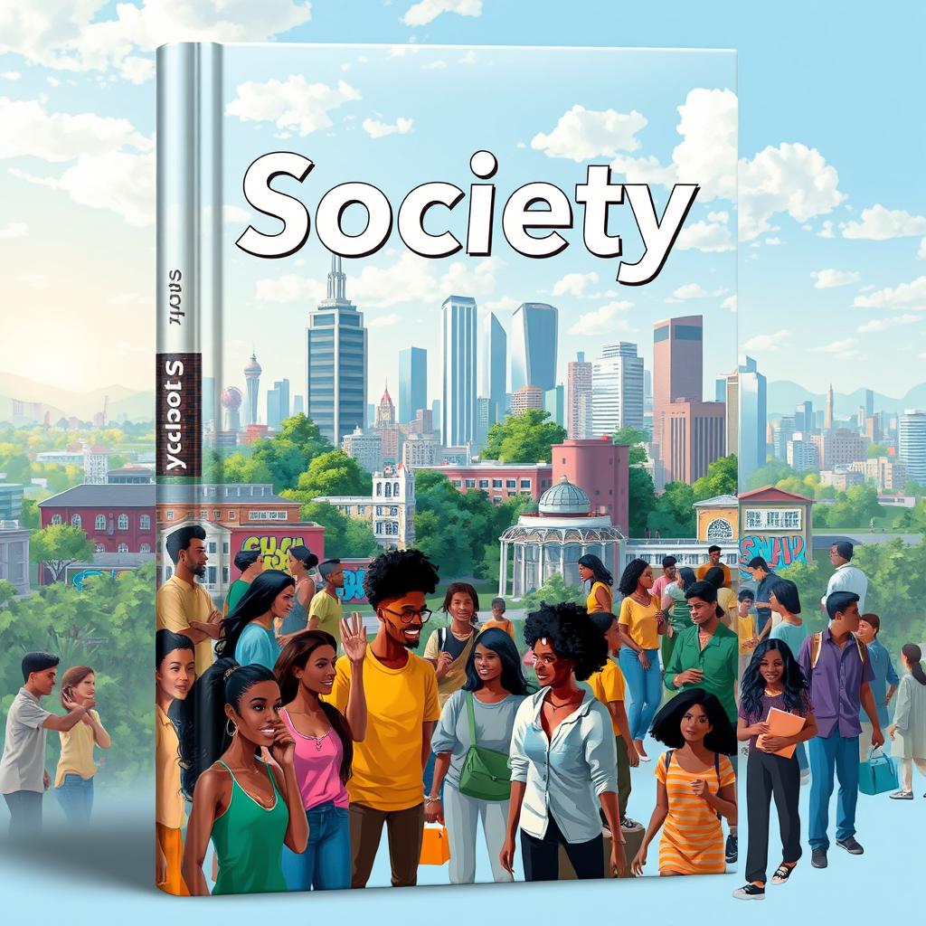 A striking book cover design titled 'Society', showcasing a vibrant urban landscape filled with diverse people engaging in various activities, symbolizing modern life and community interaction