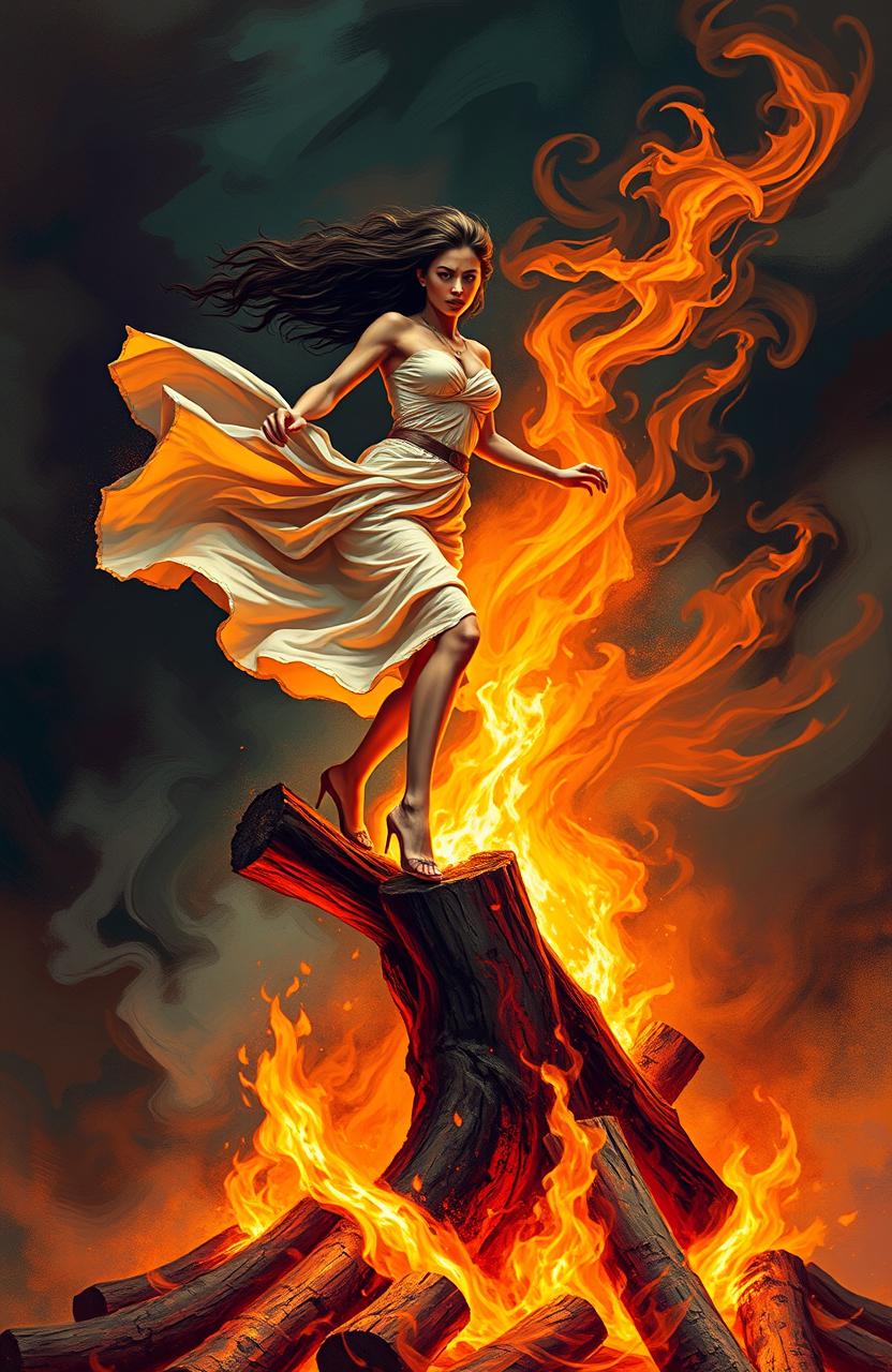An abstract representation of a defiant woman stepping confidently off a flaming pyre made of logs