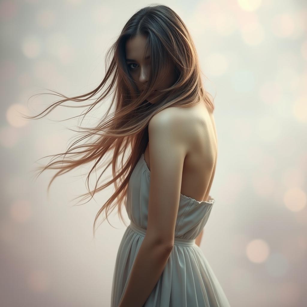 A mysterious young woman with flowing, long hair that elegantly covers her eyes, giving her an air of intrigue