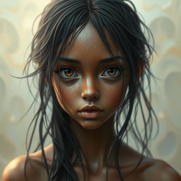 A surreal depiction of a girl with a bronzed face, her skin glistening as if wet, creating a captivating and ethereal effect