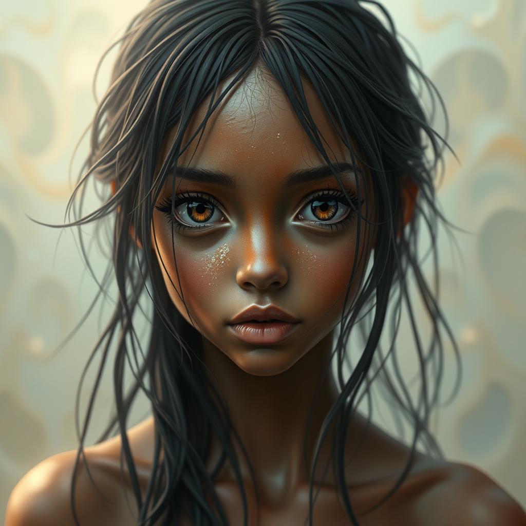 A surreal depiction of a girl with a bronzed face, her skin glistening as if wet, creating a captivating and ethereal effect