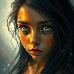 A surreal depiction of a girl with a bronzed face, her skin glistening as if wet, creating a captivating and ethereal effect