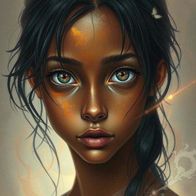 A surreal depiction of a girl with a bronzed face, her skin glistening as if wet, creating a captivating and ethereal effect