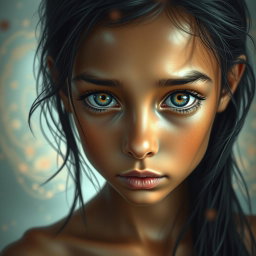 A surreal depiction of a girl with a bronzed face, her skin glistening as if wet, creating a captivating and ethereal effect