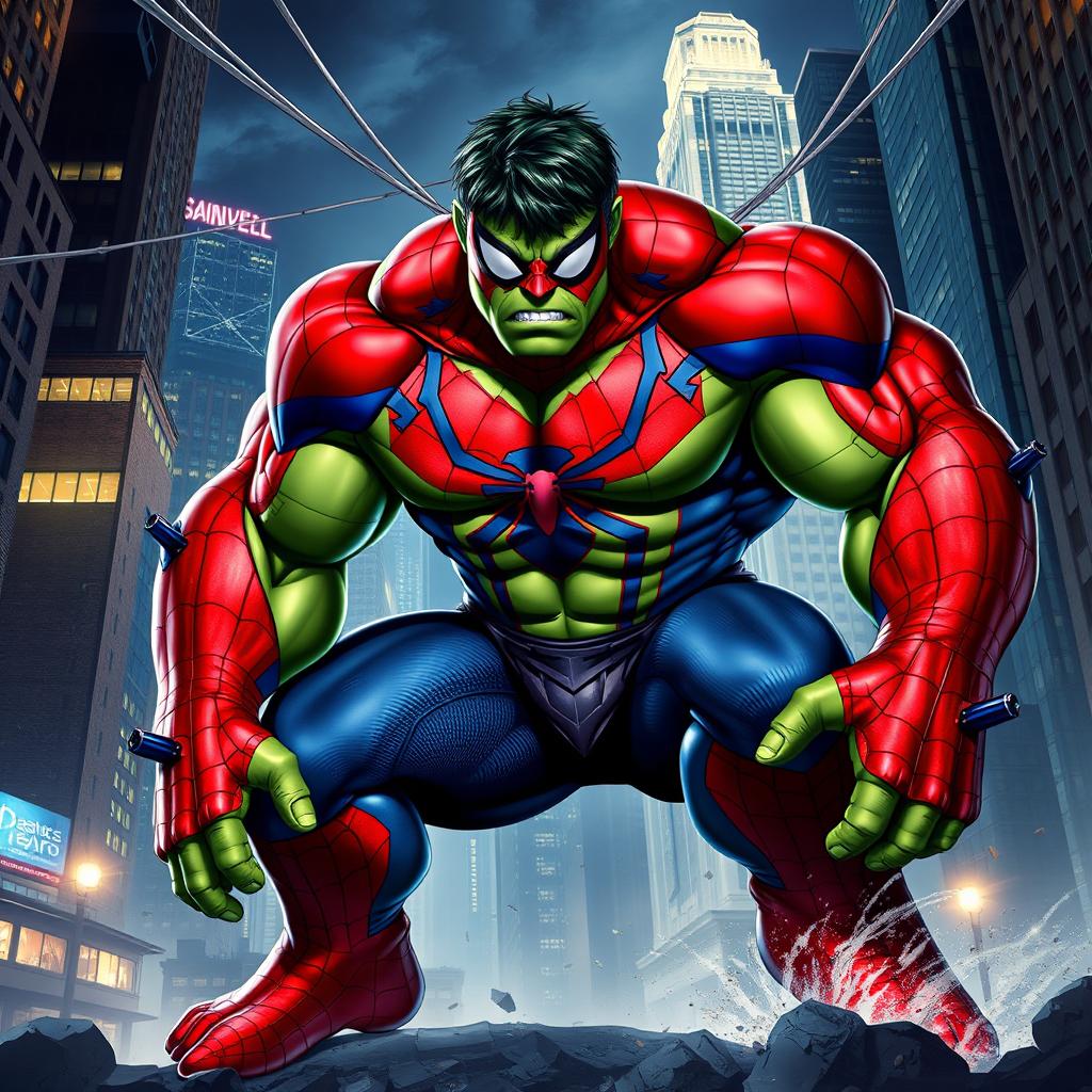 A powerful and unique hybrid character featuring the muscular green body of the Hulk combined with the red-and-blue color scheme and web patterns of Spider-Man