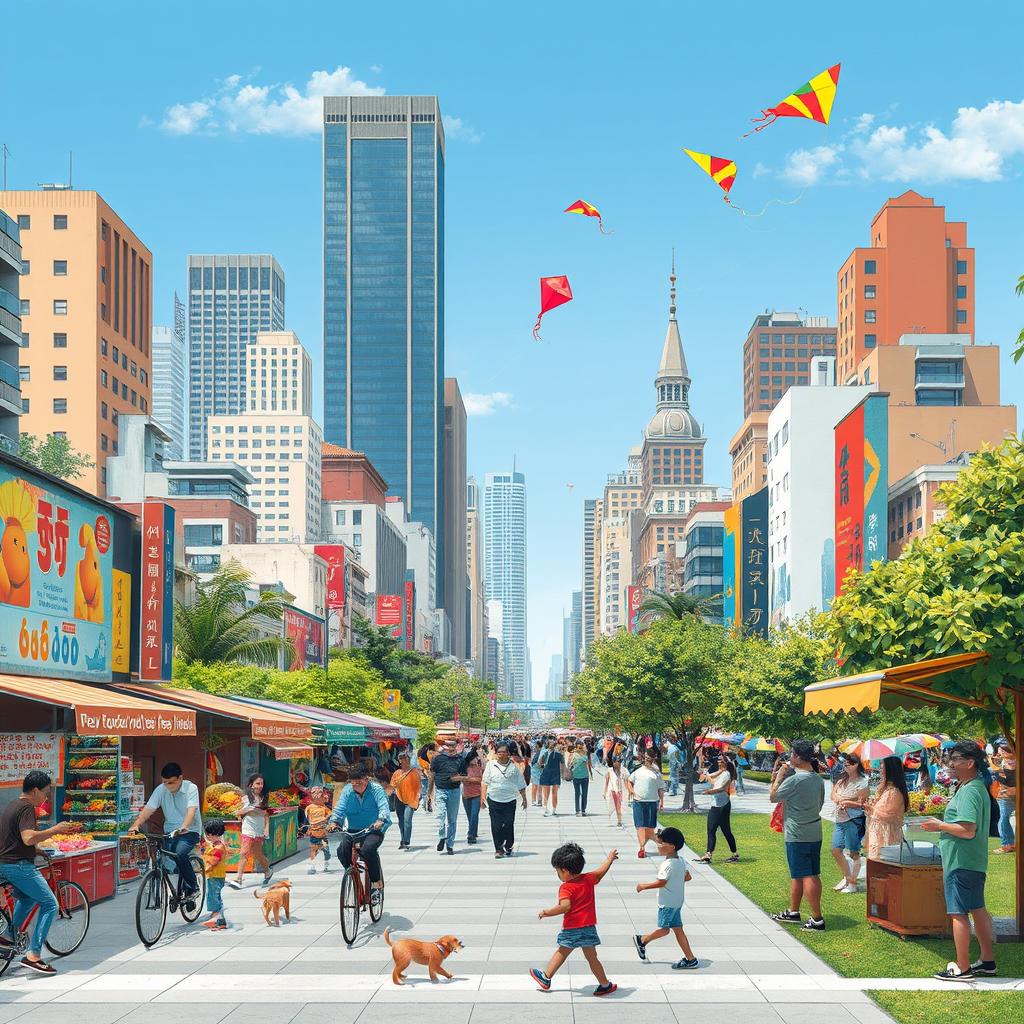 A vibrant city scene showcasing a diverse and bustling urban society