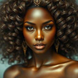 A surreal portrayal of a bronzed queen with a wet, glistening complexion, exuding an air of majesty and allure