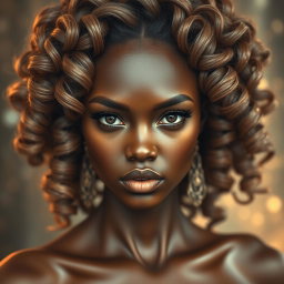 A surreal portrayal of a bronzed queen with a wet, glistening complexion, exuding an air of majesty and allure