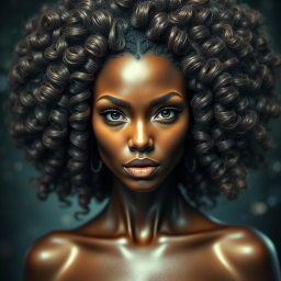 A surreal portrayal of a bronzed queen with a wet, glistening complexion, exuding an air of majesty and allure