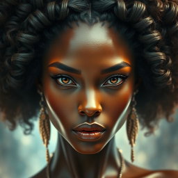 A surreal portrayal of a bronzed queen with a wet, glistening complexion, exuding an air of majesty and allure