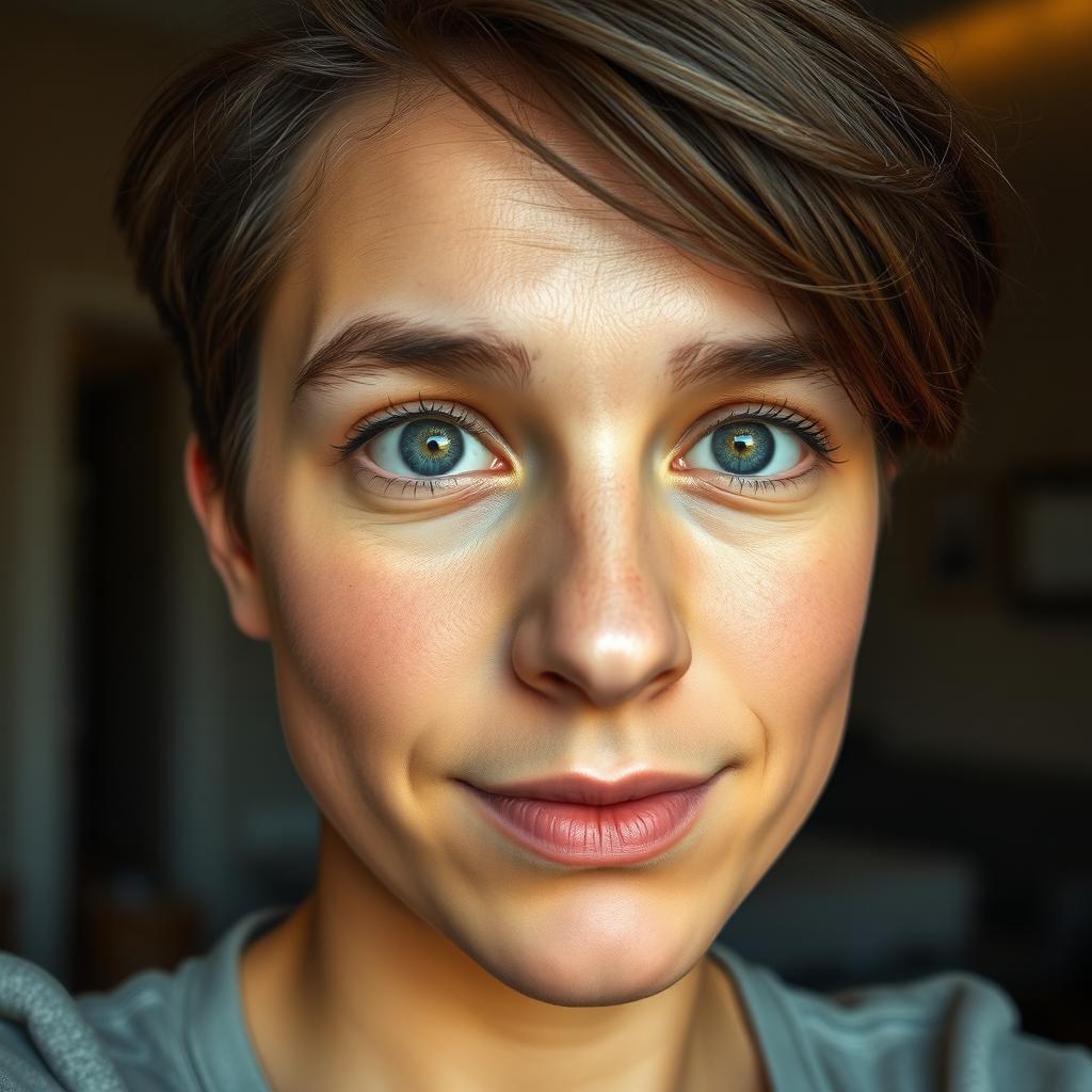 A realistic portrait of a person resembling a selfie, featuring a well-defined face, warm natural lighting, soft shadows, and detailed textures on the skin