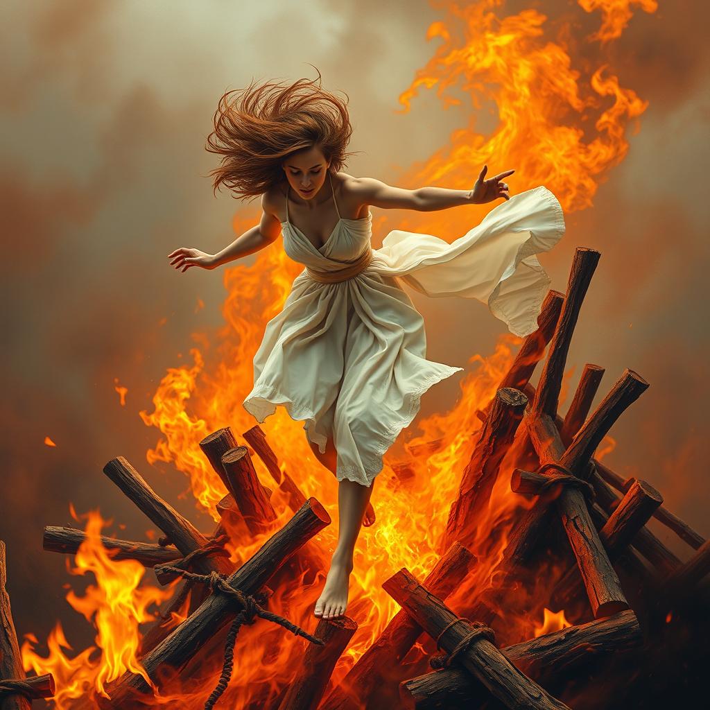 An abstract scene depicting a defiant woman dramatically escaping a flaming pyre made of logs, where she was intended to be burned at the stake