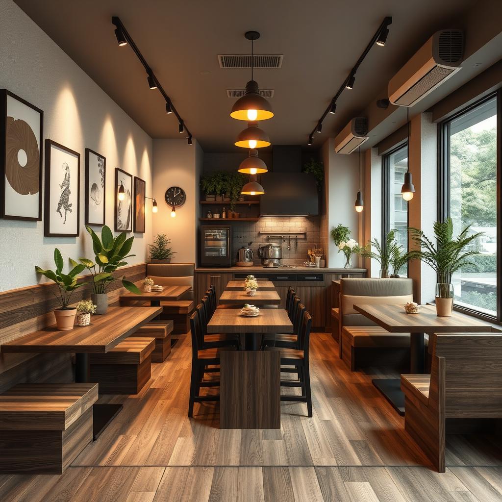 A detailed interior design of a compact restaurant featuring an efficient layout within a space of 2