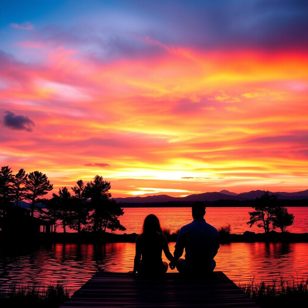 A beautiful sunset over a calm lake, with vibrant oranges, pinks, and purples illuminating the sky