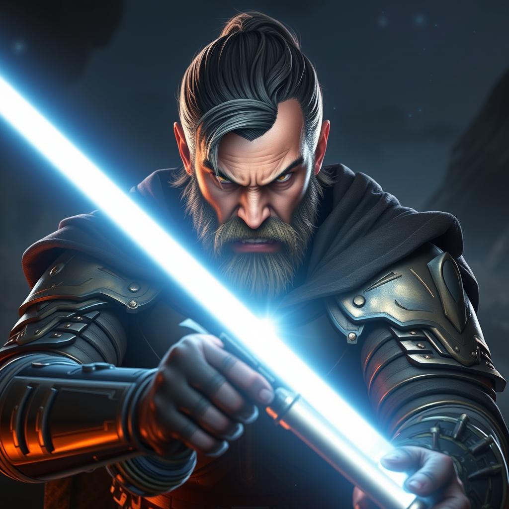A furious lord wielding a glowing lightsaber, staring intensely with fierce determination