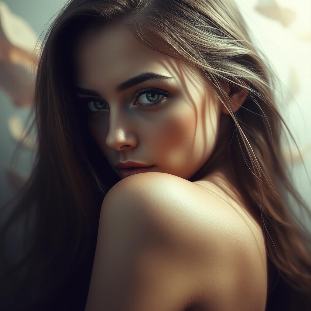 A surreal portrait of a woman with beautiful eyes, her hair cascading over her face, as she looks back over her shoulder