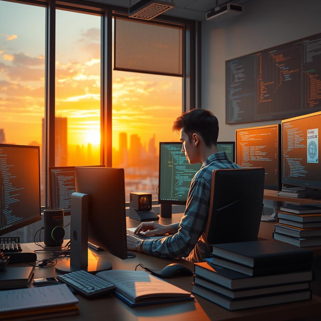 A visually engaging scene depicting a software programmer working intently on their computer