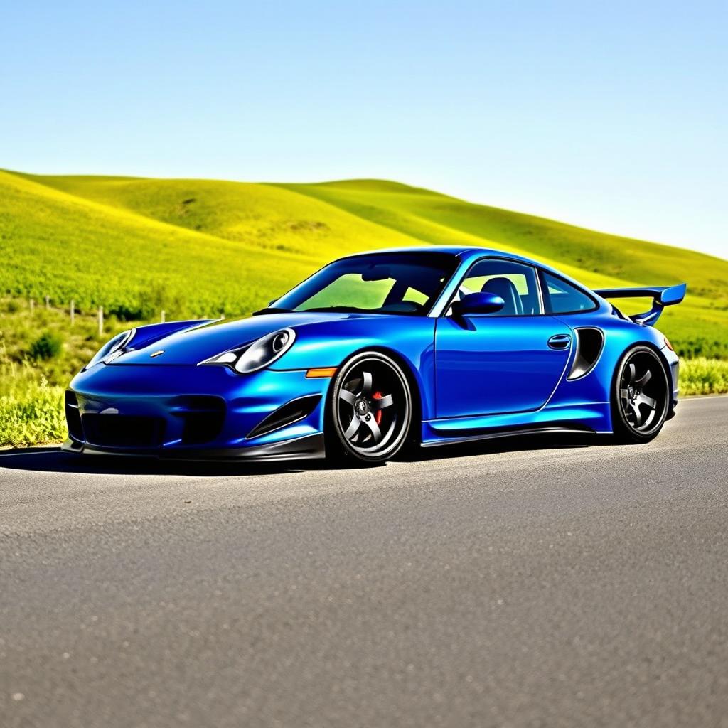 A striking 2000 Porsche 911 featuring an extreme wide body kit, showcasing its aggressive stance and muscular curves