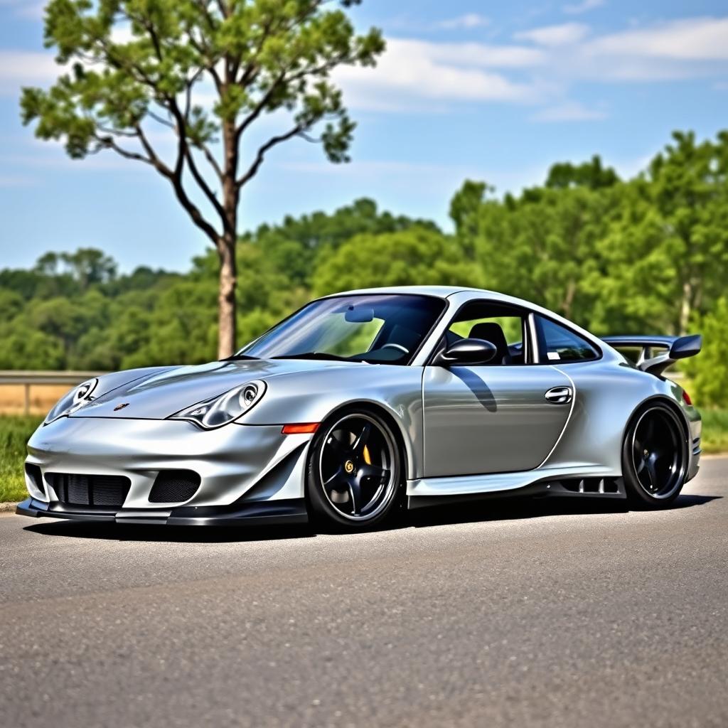 A stunning 2000 Porsche 911 with a wide body kit, showcasing aggressive aerodynamics and a sporty design