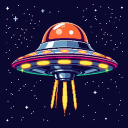 A detailed 32x32 pixel art representation of a UFO, featuring a bright and colorful design with glowing lights and a sleek, metallic body