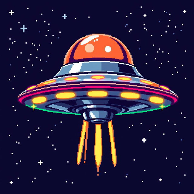A detailed 32x32 pixel art representation of a UFO, featuring a bright and colorful design with glowing lights and a sleek, metallic body