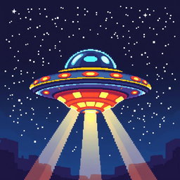 A detailed 32x32 pixel art representation of a UFO, featuring a bright and colorful design with glowing lights and a sleek, metallic body