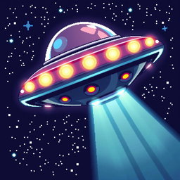 A detailed 32x32 pixel art representation of a UFO, featuring a bright and colorful design with glowing lights and a sleek, metallic body