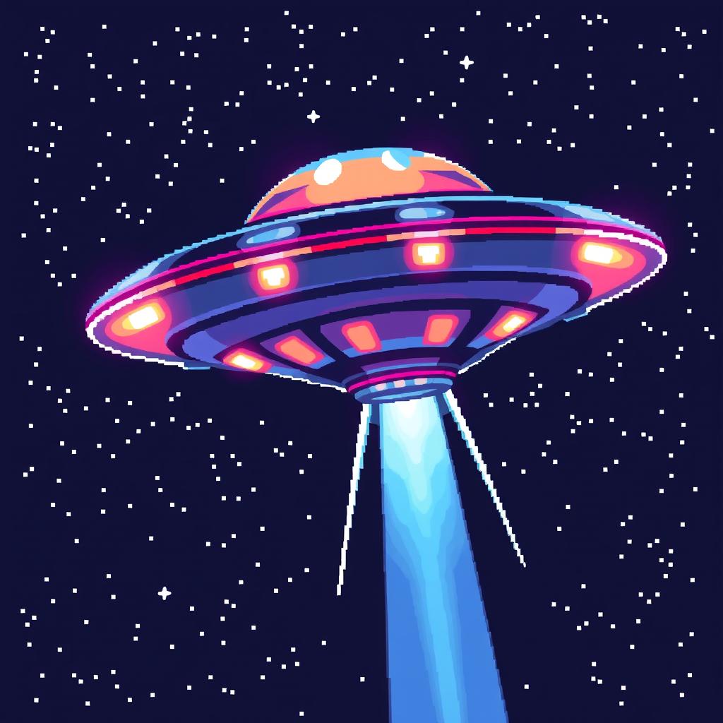 A detailed 32x32 pixel art representation of a UFO, featuring a bright and colorful design with glowing lights and a sleek, metallic body