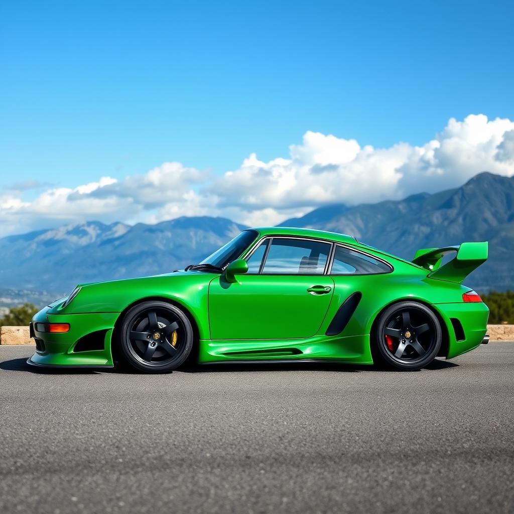 A breathtaking 1998 Porsche 911 featuring a wide body kit, showcased in a striking green color