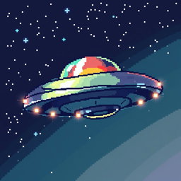 A detailed pixel art depiction of a UFO, designed in a 32x32 pixel grid