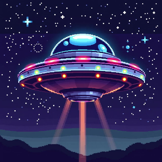 A detailed pixel art depiction of a UFO, designed in a 32x32 pixel grid